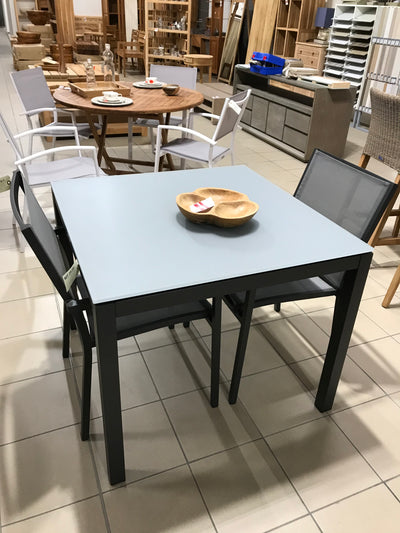 Table alu gris + verre sablé